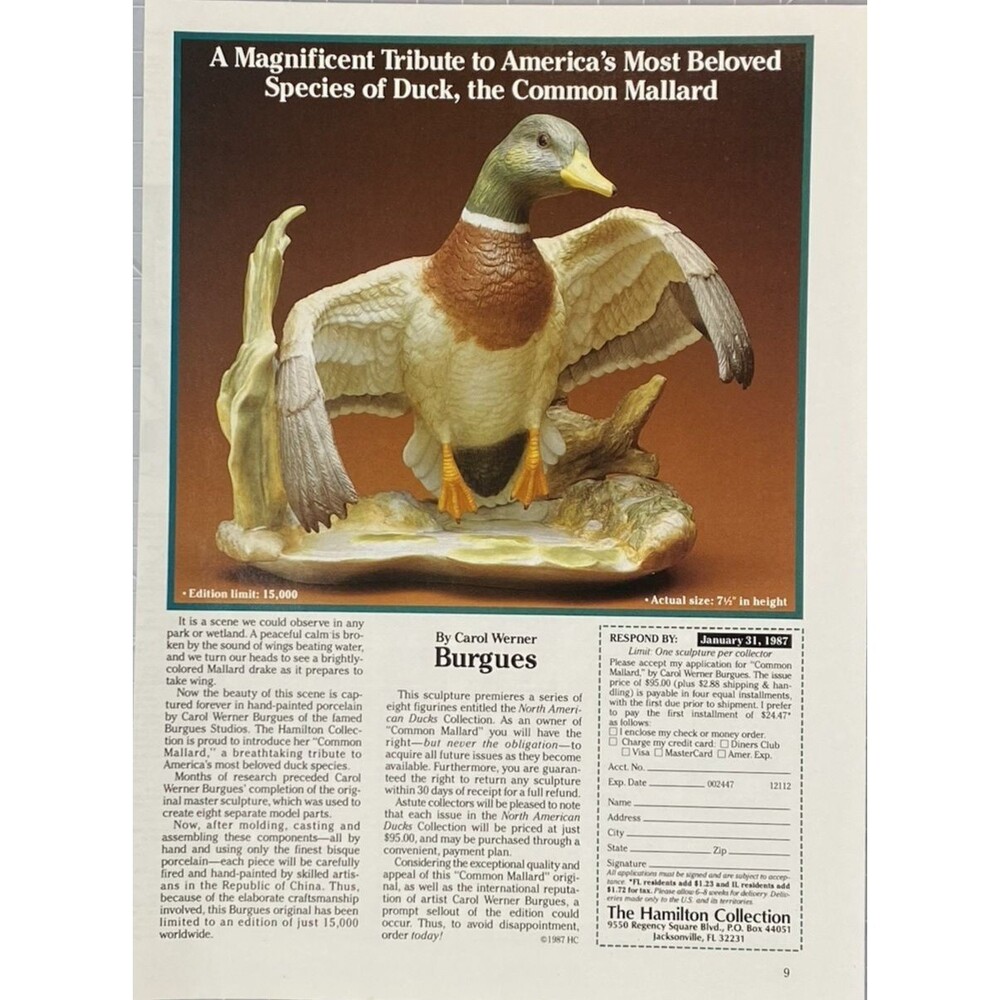 Hamilton Collection "Tribute to the Common Mallard Duck" Figurine Print Ad 1987